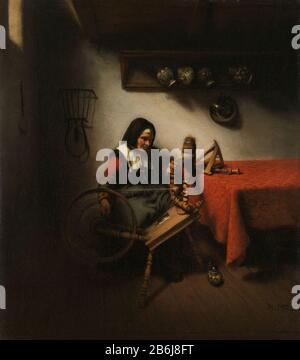 L'agitateur, SK-A-246 Le disque. À gauche de la table se trouve une vieille femme en laine qui tourne. Contre le support mural Où : quatre pichets de hangen. Fabricant : peintre: Nicolaes Maes Date: 1650 - 1660 Caractéristiques physiques: Huile sur toile matériau: Toile d'huile Dimensions: Support: H 63 cm. B × 55 cm. Dimensions externes : D 9 cm. (Support compris SK-L-4611.) Objet: Boîte à roulettes ou céramique: Pot, pichet, pot, vase Banque D'Images