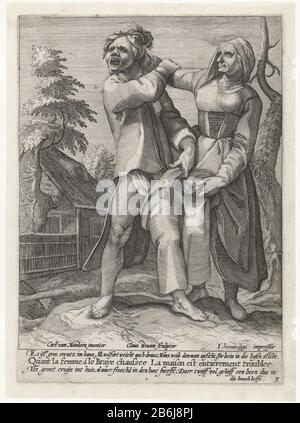 La bataille pour proverbes pantalon Quatre (titre de la série) Représentation symbolique du conflit dans le mariage. Une femme tire partiellement le pantalon de son mari et le tire de ses cheveux. Avec trois lignes de signature en allemand, français et néerlandais: TIS Big Cruijs int House, bien que waer froechd dans le smeest HOOC; Daer twrijff vol gekijff une jambe ainsi dans ce chefft de broock. Fabricant : Print Maker: Nicolaas Braeu (indiqué sur l'objet) à un dessin ou modèle par: Karel van Mander (i) (mentionné sur l'objet) Éditeur: Jacques Honervogt (i) (fait référence à l'objet) lieu de fabrication: Printmaker: Haarlem à la conception: Haarlem Banque D'Images