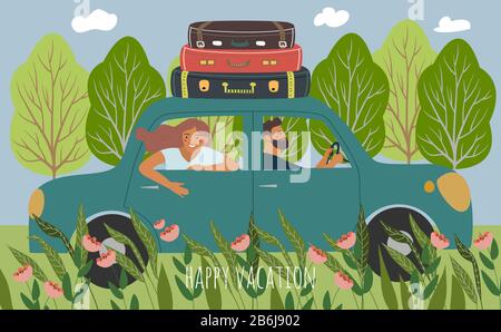 Les gens voyagent en voiture sur le fond du paysage - arbres, herbe et fleurs. Illustration vectorielle Illustration de Vecteur