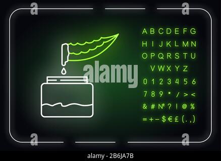 Icône de lumière fluo de jus de vera d'aloès. Extrait d'herbes médicinales. Liquide à base de plantes organiques. Effet brillant extérieur. Signe avec alphabet, chiffres et symboles Illustration de Vecteur