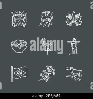 Culture brésilienne craie icônes blanches définies sur fond noir. Mascarade traditionnelle. Flamingo. Statue de Jésus. Chapeau de Carnaval. Fête ethnique. National Illustration de Vecteur