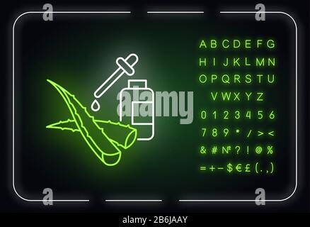 Icône de néon de sérum facial. Liquide à base de plantes. Jus botanique de guérison. Extrait de vera d'aloès. Effet brillant extérieur. Signe avec l'alphabet, les chiffres et Illustration de Vecteur