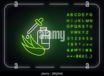 Icône de lumière fluo d'extrait d'aloe vera. Liquide à base de plantes. Jus botanique de guérison. Herbes médicinales. Effet brillant extérieur. Signe avec l'alphabet, les chiffres et Illustration de Vecteur