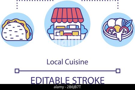 Icône concept cuisine locale. Cuisine nationale, idée de tourisme gastronomique illustration de ligne mince. Délicieux plats traditionnels. Contour isolé vectoriel Illustration de Vecteur