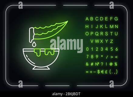 Icône de lumière néon extrait de plante. Couper l'épine herbacée médicinale avec bol. Lame de vera d'aloe en tranches avec pot. Effet brillant extérieur. Signe avec alphabet, chiffres Illustration de Vecteur