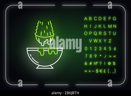 Couper l'icône de lumière fluo de germe d'aloe vera. Extrait d'herbes médicinales dans le bol. Liquide de plante organique dans le bol. Effet brillant extérieur. Signe avec alphabet, chiffres Illustration de Vecteur