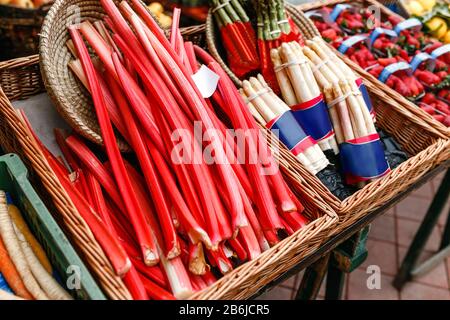 Rouge appétissant rhubarbe des tiges à vendre à un marché de rue ouvert de fermiers Banque D'Images