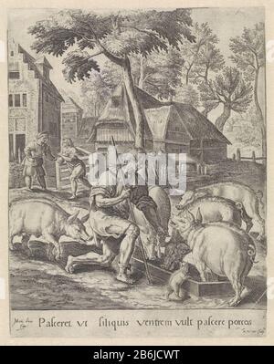 Le fils prodigal comme Parabole du fils prodigal (titre de la série) le fils prodigal en tant que harde. Il n'a guère besoin de vêtements et même de nourriture de cochon. Dans la marge une légende dans le Latijn. Fabricant : printmaker: Crispijn de Passe (I) (bâtiment classé), conçu par: Marten de vos (propriété cotée) Lieu de fabrication: Anvers Date: 1580 - 1588 Caractéristiques physiques: Matière automobile: Technique du papier: Engrara (procédé d'impression) Dimensions: Feuille: H 231 mm × W 179 mm Objet: Le fils prodigue Tend le porc et mange de leur auge Banque D'Images