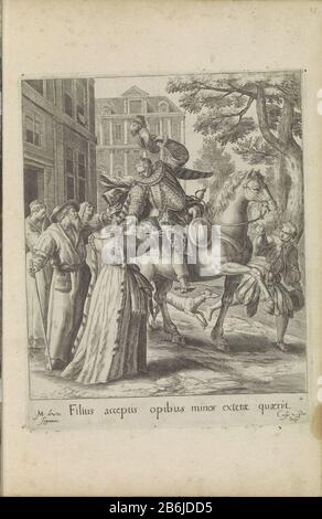 Le fils prodigue a quitté sa Parabole du fils prodigal (titre de la série), le plus jeune fils dit au revoir à sa famille et quitte sa maison. Il quitte à cheval. Parmi les exposés, un texte explicatif en latin. Cette impression fait partie d'un album. Fabricant : printmaker: Crispijn de Passe (I) (bâtiment classé), conçu par: Marten de vos (bâtiment classé) éditeur: Crispijn de Passe (I) Lieu de fabrication: Anvers Dating : 1580 - 1588 Caractéristiques physiques: Engrara matière: Papier: Technique engrara (processus d'impression) mesures: Bord de plaque: H 230 mm × W 183 mm Objet: départ et départ de th Banque D'Images