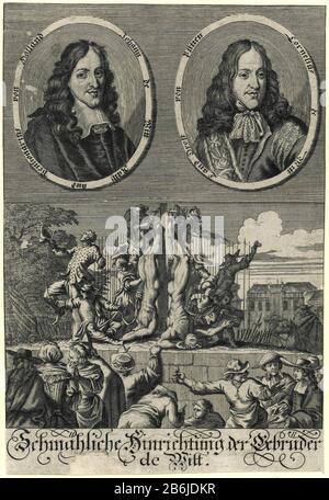 Magazine allemand Où: Combinez les portraits des frères de Witt avec la présentation des corps mutilés suspendus par le fabricant wip : printmaker: Fabrication anonyme de place: Allemagne Date: 1672 - 1699 Caractéristiques physiques: Gravure et gravure: Technique du papier: Gravure / engraa (processus d'impression) mesures: Feuille: H 185 mm × W 125 mmToelichtingKopie sur l'imprimé du Romeyn Hooghe (FMH 2401) . Objet: Tentative, des politicalfigures tuent la mort violente, étant tué; être mal mené et maltraité; chercher la mort (la mort par lynching +) lynchingDood des frères de Witt W Banque D'Images