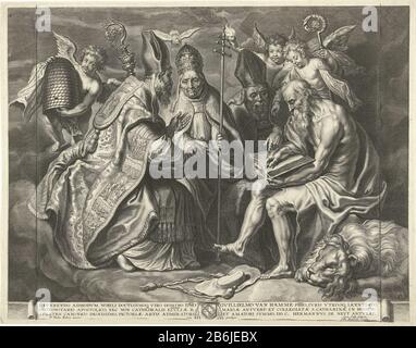 Les quatre pères de l'église quatre pères latins sont dans le ciel ensemble et discutent de la Bible. Jérôme droit avec le lion. Augustine à côté du coeur brûlant, au centre gauche et à l'extrême gauche le Pape Gregory Ambrose, reconnaissable par son attribut le bijenkorf. Fabricant : printmaker Cornelis Galle (I) (bâtiment classé), conçu par Peter Paul Rubens (objet inscrit) éditeur: Gilles Hendricx (bâtiment inscrit) dédié à Willem van Hamme (bâtiment inscrit) commandé par: Herman de Neyt (propriété cotée) fournisseur de privilèges inconnu (propriété cotée) Lieu de fabrication: Anvers Date: CA. 1630 - env. 1642 Phys Banque D'Images