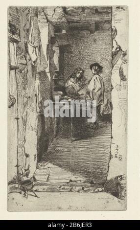 De voddenman La Rag Cueilleurs est à travers une porte une chambre visible. Une femme assise debout dans le lit, et l'homme est à la haar. Fabricant : printmaker James Abbott McNeill Whistler (bâtiment classé) dans son design: James Abbott McNeill Whistler Dating: 1858 Caractéristiques physiques: Matière de gravure: Technique du papier: Gravure Dimensions: Bord de la plaque: H 153 mm × W 90 mm Objet: Commerçant, vendeur (RAGMAN) Banque D'Images