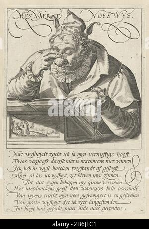 Le wiseacre Meynaert Noes Wys (objet titre) un homme portant une casquette de fou sur sa tête et des lunettes sur son nez gonflé (Meynaert Noes Wys = Meynaert Wijsneus) est une lecterne Où: Situé sur un livre - ouvert, mais avec la couverture après ar ci-dessus. Parmi les neuf lignes rimant le texte néerlandais, racontant les livres de mode de lecture de Meynaert, n'était pas plus sage, mais de plus en plus estime kreeg. Fabricant : à concevoir: Hendrick Goltzius Imprimer auteur: Fabrication anonyme: Pays-Bas (possible) Date: 1590 - 1610 Caractéristiques physiques: Matière automobile: Papier technique: Engraa (processus d'impression) Dimensions: Bord de la plaque Banque D'Images