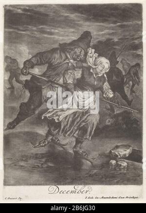 IJspret. Un homme et une femme patinant sur un long bâton sur la glace autour du trou. En arrière-plan pour voir d'autres patineurs, où, à partir de là est un cas. L'impression fait partie d'une série de douze tirages avec les douze mois de l'jaar. Fabricant : printmaker Cornelis Dusart (bâtiment classé) Editeur: Jacob Gole (propriété cotée) fournisseur de privilèges: Amsterdam City Council (bâtiment classé) lieu de fabrication: Printmaker: Haarlem Éditeur: Amsterdam Date: 1679 - 1704 Caractéristiques physiques: Mezzotint et engraa matériau: Technique du papier: Mezzotint / engraisting process Dimensions: Edge plaque: Banque D'Images