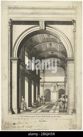 Une partie de la galerie autour des Citoyens de l'Hôtel de Ville sur le Dam La Galdery uyt Groote Sael siende, au nord (titre objet) une partie de la galerie autour des Citoyens dans l'Hôtel de Ville sur le Dam à Amsterdam. Vue du corridor est au coin nord de la galerie avec l'image de Saturne. Dans la galerie marcher et parler des figures. Sous le titre d'une barre d'échelle: 20 Pieds Maet. En bas à droite remarqué: W. Le titre a été enlevé à la main et traduit en main-écrit tekst français. Fabricant : Print Maker: Dancker Danckerts (éventuellement) postMaker: Cornelis Danckerts (I) (éventuellement) à dr Banque D'Images