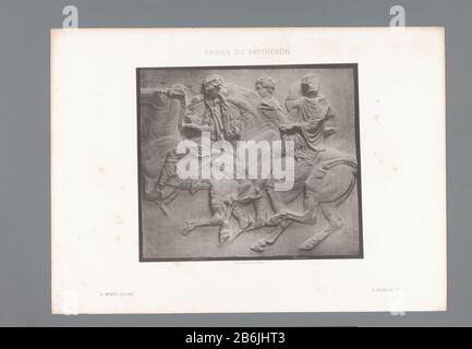 Partie de la frise du Parthénon à Athènes, montrant trois cavaliers Frères du Parthénon (objet titre de la série) Ce poste fait partie d'un dossier avec 22 empreintes et 3 tekstbladen. Fabricant : fabricant: Arosa G. et Cie (indiqué sur l'objet) drukker: Lemercier & Cie (indiqué par l'objet). Éditeur: A. Morel (indiqué sur l'objet) Lieu de fabrication: Paris Daté: CA. 1863 - caractéristiques en 1868 ou pour 1868 physique: Légère pression, procédé Tessie du Motay et Maréchal matériau: Technique du papier: Légère pression dimensions: Image: H 237 mm × W 272 mm Objet: Moulures  architecture équitation, Banque D'Images