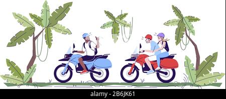 Sur les motos, illustration de gribouille plate. Les touristes voyagent des vélos dans la jungle. Couple en excursion avec guide en forêt. Indonésie tourisme 2-D Illustration de Vecteur