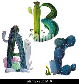 Lettres A, B et C sous forme de cactus. L'élément design est parfait pour les logos, les icônes, l'alphabet et le jeu pour enfants Banque D'Images