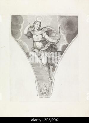 Diana peintures de Francesco Albani (titre de la série) Déesse Diana avec arc et flèche. Décoration d'une pendentief. Fabricant : Print maker: Giovanni Girolamo Frezza (indiqué sur l'objet) à dessin de: Pietro Antonio de Pietri (indiqué sur l'objet) à peindre par: Francesco Albani (indiqué sur l'objet) à un dessin de: Francesco Albani (répertorié comme objet) fournisseur de privilèges: Clemens XIPlaats fabrication: Print maker: Rome dans dessin: Italie à la peinture de: Italie à concevoir: Italie constituant de privilège: Vatican Date: 1704 Caractéristiques physiques: Engrala matière: Papier technique: Engraa (prin Banque D'Images