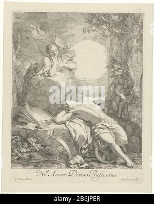 Diana en Endymion Rien Divine Love Cross (op title object) Endymion, qui souffre de Jupiter pour toujours endormi s'est endormi en échange de la jeunesse éternelle, est visité par Diana. D'un nuage Diana regardant vers le bas à lui. Au premier plan est une sphère armillaire, la droite d'Endymion est Cupid avec une flèche dans sa main, la gauche est un boek battu ouvert. Fabricant : printmaker: Gerard de Lairesse (propriété listée) à peindre par Gerard de Lairesse (bâtiment listé) éditeur Gerard de Lairesse (bâtiment listé) Daté: 1680 Caractéristiques physiques: Matériau de gravure: Technique du papier: Dimensions de gravure: Bord de la plaque Banque D'Images
