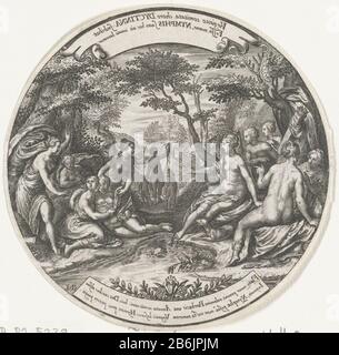 Diana découvre la grossesse de Callisto Diana et ses nymphes dans le ruisseau entre les arbres . Le Callisto enceinte est montré à Diana. L'une des autres nymphes retire sa robe de côté. Diana regarde choqué à sa servante enceinte. Au milieu de l'arrière-plan exécute une nymphe avec deux honden. Fabricant : Pintmaker Johann Theodor de Bry (propriété cotée) à imprimer par Jan Saenredam à dessiner: Paul Moreelse Place fabrication: Allemagne Date: Après 1606 - pour 1621 Caractéristiques physiques: Engraa, empreinte possible de panneaux d'argent: Technique du papier: Engrala (impression) Dimensions: Feuille: D 95 mm Sujet: Di Banque D'Images