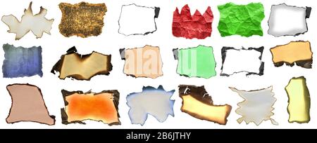 jeu de papier déchiré froissé et brûlé dans des couleurs isolé fond blanc Banque D'Images