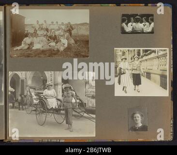 Diverses images, dont une femme dans une feuille d'album de Rickshaw, y compris des photos d'une fête dans les dunes, deux femmes marchant et image de tour d'une femme assise représentée à cinq reprises par des miroirs. Aussi une photo d'une femme et d'un pilote de pousse-pousse, probablement dans les Antilles néerlandaises de l'est. Partie de l'album photo d'une famille néerlandaise inconnue avec des connexions au Suriname et aux Antilles néerlandaises de l'est (1) . Fabricant : Photographe: Fabrication anonyme: Pays-Bas Date: CA. 1900 - ca. 1925 matériau: Papier carton technique: Gélatine argent pression / daglichtcollodiumzilverdruk Dimensions: Album feuille Banque D'Images