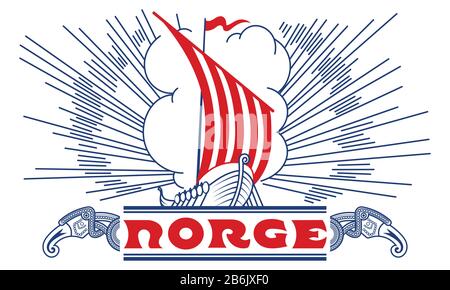 Viking, design scandinave. Navire viking Drakkar et inscription norvégienne Norge - Norvège Illustration de Vecteur