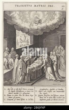 Mort de Maria Transitvs Matris Dei (objet titre) Maria posée sur le lit. Autour de son lit priant les Apôtres. Ci-dessus montre comment l'âme de Marie est apportée par des anges au ciel. Là, ils ont reçu Christ. À divers éléments du spectacle sont des lettres qui correspondent à la légende dans la marge. Fabricant : printmaker: Jerome Who: Rix (propriété cotée) conçu par: Bernardino PasseriPlaats fabrication: Anvers Date: 1593 Caractéristiques physiques: Matériel automobile: Technique du papier: Engrala ( impression) mesures: Bord de la plaque: H 231 mm × W 146 mToelichtPrent utilisé dans: Nadal, Jeronimo. Evangelicae Historiae Banque D'Images