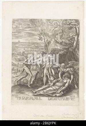 Moïse meurt à Nebo au sommet du Mont Pisgah après que Dieu lui a laissé voir la terre qu'il donnera à Abraham, Isaac et Jacob. Archange Michael puise au large du diable qui s'est querellé avec lui sur le corps de Moïse, qui sera enterré sur les plaines de Moab. Au sommet de la montagne, Moïse a reçu de Dieu dans le ciel. Dans la marge deux citations bibliques de Deut. 34 et de Judas, en deux colonnes, dans le Latijn. Fabricant : print maker: John Who: Rix (indiqué sur l'objet) à un dessin de: Marten de vos (indiqué sur l'objet) éditeur: Johann Sadeler (i) (montré sur l'objet) lieu de fabrication: Anvers Date: Banque D'Images