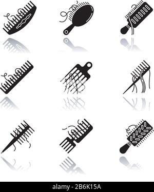 Jeu d'icônes de glyphe noir ombre de perte de cheveux. Peignez avec des cheveux. Alopécie, symptôme de stress. Brosse à cheveux avec brins. Dermatologie, cosmologie. Soin Des Cheveux Illustration de Vecteur