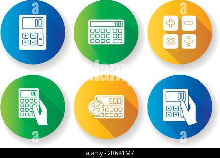 Calculatrice de poche design plat long jeu d'icônes de glyphes d'ombre. Calcul mathématique. Comptage rapide. Petits gadgets électroniques. Comptabilité. Finances Illustration de Vecteur
