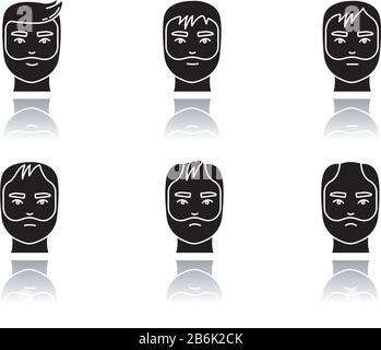 Jeu d'icônes de glyphe noir ombre de perte de cheveux. Étapes du processus de calvitie. Conditions d'alopécie masculine. Perte de cheveux, amincissement des cheveux. Vieillissement et stress. Isolé Illustration de Vecteur