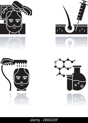 Jeu d'icônes de glyphe noir ombre de perte de cheveux. Traitement au laser pour cheveux amincissants pour hommes. Injection médicale pour alopécie. Traitement de perte de cheveux masculine Illustration de Vecteur