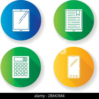 Les périphériques mobiles sont dotés d'icônes de glyphes d'ombre longs à conception plate. Gadgets électroniques de poche. Technologie intelligente. Tablette, lecteur électronique, livre électronique. Smartphone, calculatrice Illustration de Vecteur