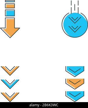 Flèches vers le bas, les icônes de couleur RVB bleu et orange sont définies. Double pointe de flèche en cercle. Boutons de défilement. Flèches boutons de navigation de l'interface. Page du site Web Illustration de Vecteur