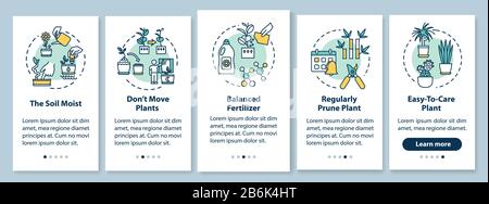 L'écran de la page des applications mobiles d'intégration des plantes ménagères avec des concepts. Engrais équilibré. La floriculture passe par cinq étapes d'instructions graphiques. INTERFACE UTILISATEUR Illustration de Vecteur