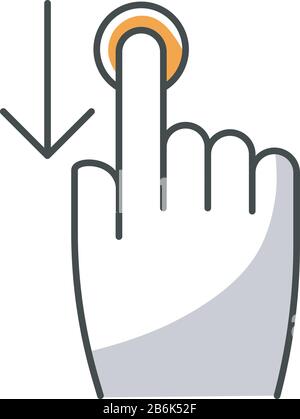 Doigt de défilement vers le bas, icône de couleur RVB blanche. Geste de défilement pour l'écran tactile du smartphone. Bouton flèche vers le bas et vers la main. Pointeur de site Web. Ordinateur Illustration de Vecteur