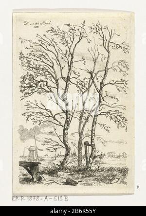 DRIE berkenbomen Trois boubreux presque sans feuilles, où: A est attaché avec une sangle à un poteau dans la banque gauche de premier plan. Au loin une vue sur une ville, à gauche un molen. Fabricant : Print Maker: D. van den Bosch (indiqué sur l'objet) Lieu de fabrication: Pays-Bas Date: 1817 Caractéristiques physiques: Matière de gravure: Technique du papier: Dimensions de gravure: Bord de la plaque: H 117 mm × b 80 mm Objet: Arbres: Bouleau Banque D'Images