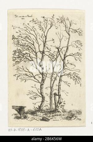 DRIE berkenbomen Trois bouleaux presque sans feuilles, où: Un avec une cravate à un poteau est attaché, une banque. Fabricant premier plan à gauche: Printmaker D. van den Bosch (propriété cotée) Lieu de fabrication: Pays-Bas Date: 1817 Caractéristiques physiques: Matière de gravure: Technique du papier: Dimensions de gravure: Bord de la plaque: H 118 mm × W 80 mm Objet: Arbres: Bouleau Banque D'Images