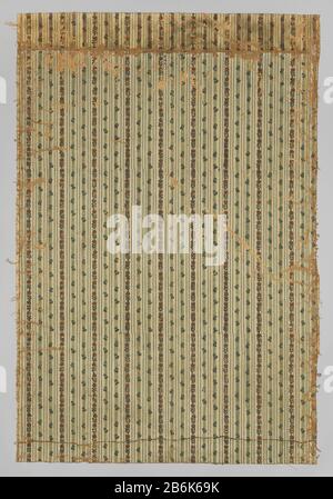 Trois fragments de papier peint, PA-18228-H Drie fragmenten in olieverf op linnen geschilderd behangsel. Boven een lambris van gebreken wit met blauwgrijze omlijstingen, zijn op een gebreken wit fond grijsblau verticale strepen aangebracht, afwisselend versierd met gestrooide takjes met bessen en bloemenrank dans rood en blauw. De zeven fragmenten zijn te competeren tot drie banen. Fabricant : anoniemanoniemPlaats fabrication: Noordelijke NederlandenNederland Dating: CA. 1785 - ca. 1800 matériau: Linnen olieverf Techniek: Schildertechniek Dimensions: H 110 cm. (fragment grooste) × b 140 cm Banque D'Images