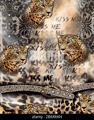 Imprimé tête léopard pour la mode. Texture animale avec fond en dentelle noire. Texte Kiss me. Accessoire ceinture à main. - illustration Banque D'Images