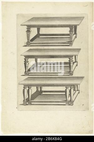 Trois tables allongées Différentes pourraicts les menuiseri (titre de la série) La table inférieure est extensible . Le stand dehors pour attirer des lames sur les jambes avec Qui: Ltjes. Page 7 sur 15 pages numérotées + page de garde d'une série de 16. Fabricant : printmaker Pieter van der Borcht (I) conçu par Hans Vredeman de Vries Editeur: Philips Gall Lieu de fabrication: Pays-Bas (possible) Date: Env. 1583 matériau: Génie du papier : engraa (procédé d'impression) Dimensions: Bord de la plaque: H 259 mm × W 191 mm Banque D'Images