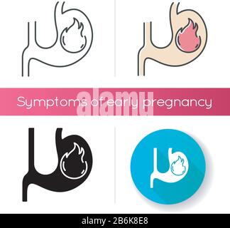 Icône brûlures d'estomac. Mal à l'estomac. Empoisonnement alimentaire. Problème gastro-intestinal. Reflux acide. Inflammation dans l'organe. Signe précoce de grossesse. Linéaire noir et Illustration de Vecteur