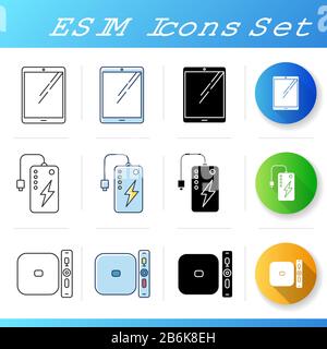 Les icônes des périphériques mobiles sont définies. Gadgets électroniques portables. Technologie intelligente. Tablette, calculatrice, lecteur électronique. Outils numériques compacts. Linéaire, noir et RVB Illustration de Vecteur