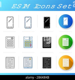 Les icônes des périphériques mobiles sont définies. Gadgets électroniques portables. Technologie intelligente. Smartphone, calculatrice, lecteur électronique. Outils numériques compacts. Linéaire, noir et Illustration de Vecteur