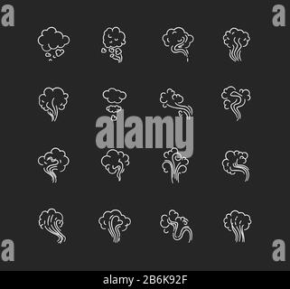 Les icônes blanches de craie d'odeur sont définies sur un fond noir. Émission, évaporation. Odeur du hookah. Arôme de cannabis. Flux de cigarettes. Encre, brouillard. Isolé Illustration de Vecteur