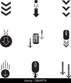 Flèches de défilement vers le bas icônes de glyphe noir définies sur l'espace blanc. Souris d'ordinateur et flèches dans les boutons circulaires. Indicateurs de téléchargement. Symboles silhouette Illustration de Vecteur