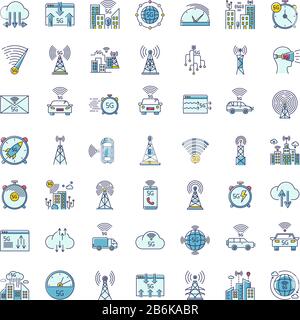 5 G technologie sans fil RVB icônes de couleur définies. Norme mondiale. Signal Internet amélioré. Réseau cellulaire mobile. Cloud computing. Transmission de données Illustration de Vecteur