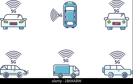 Jeu d'icônes de couleur RVB pour voitures intelligentes de 5 Go. Véhicules avec connexion à Internet. Conduite autonome. Automobile intelligente et autoconduite. Technologie sans fil Illustration de Vecteur